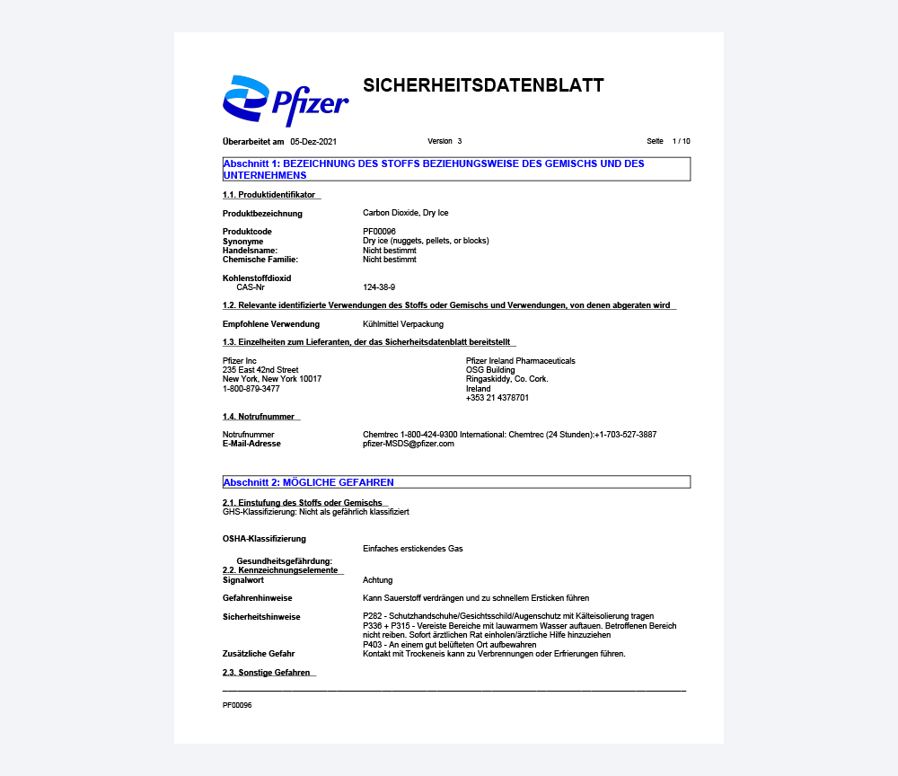 Verkleinerte Abbildung des Sicherheitsdatenblatts für COMIRNATY® 30 µg 12+ Jahre Konzentrat