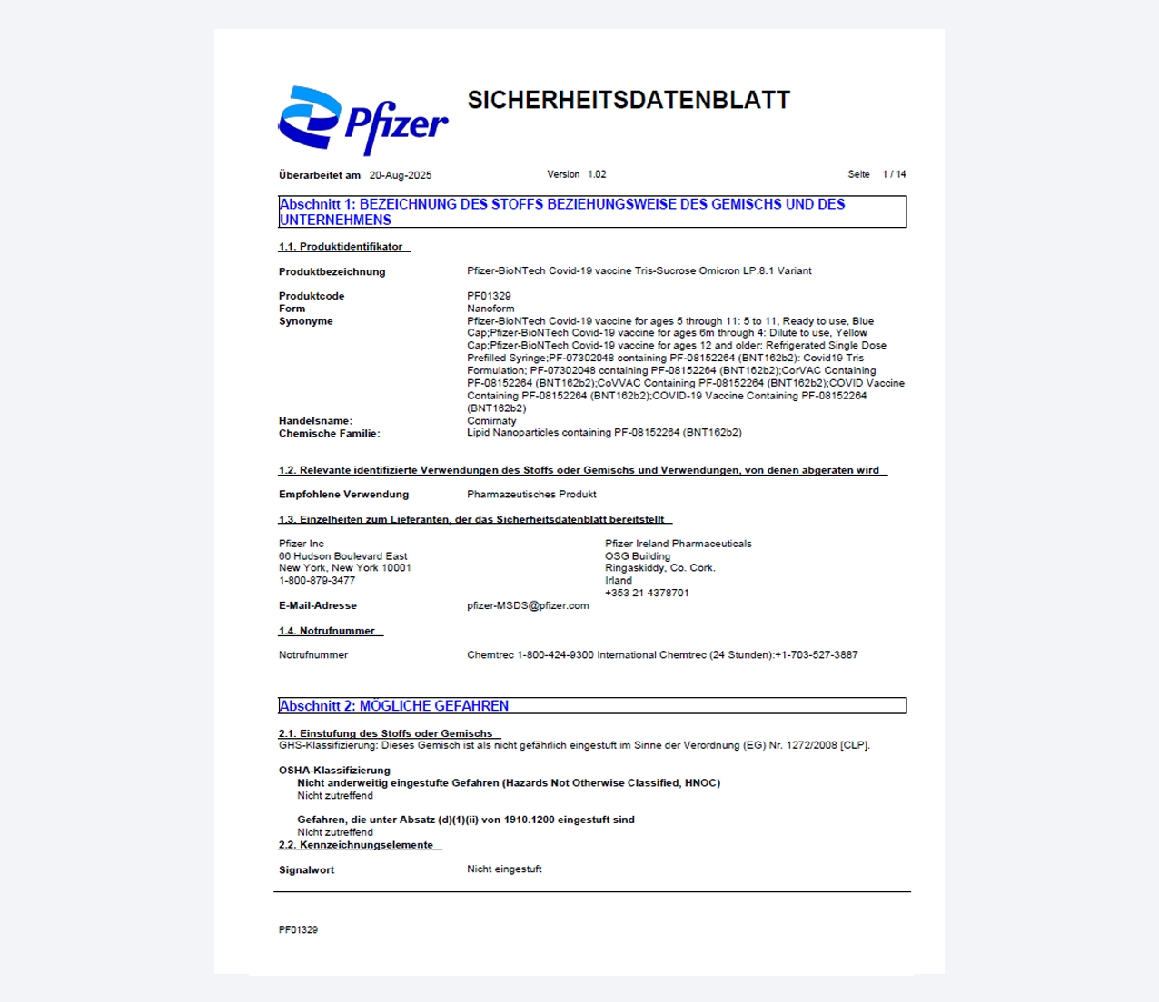 Verkleinerte Abbildung des Sicherheitsdatenblatts für COMIRNATY® 30 µg 12+ Jahre Konzentrat